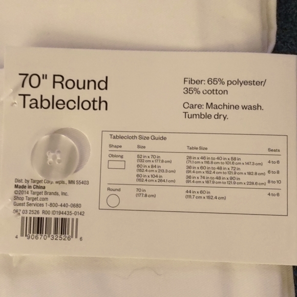 White Round Tablecloth 70". Seats 4-6. - Picture 3 of 3